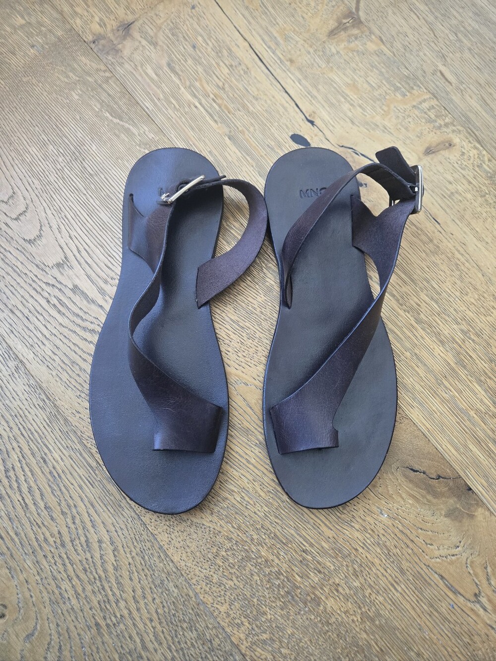 Worn Once Mango Dark Brown Leather Strappy Flat Sandals